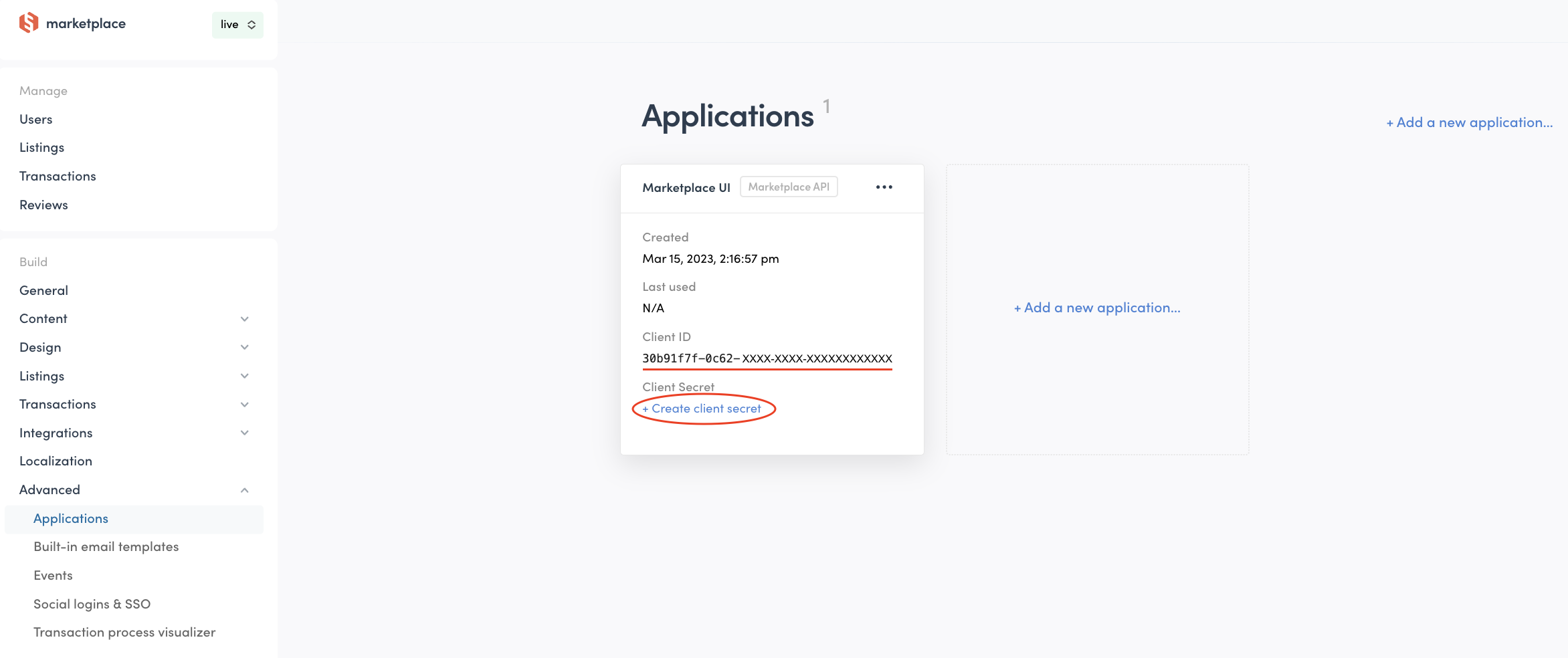 Sharetribe Console: Applications tab