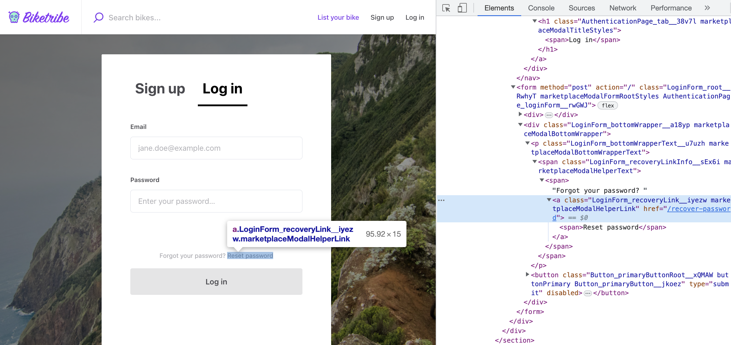 Login form password recovery link